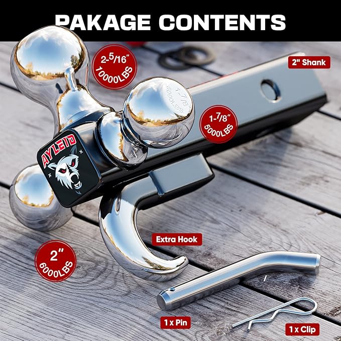 Ayleid Trailer Hitch Tri-Ball Mount with Hook & Pin Balls Sized 1-7/8 , 2 & 2-5/16 inches , Tow Hitch , Silver