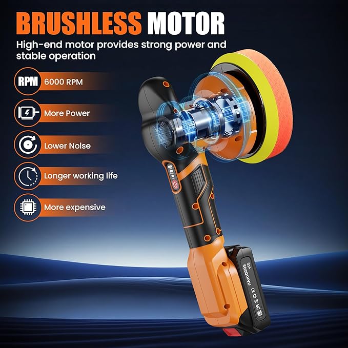 Cordless Buffer Polisher Kit with 2 Pack 2000mAh 21V Batteries, 6 Inch Car Waxer Polisher, 3 Variable Speed, 6PCS Extra Attachments, Car Polishing Machine for Detailing, Boat Sanding, Scratch Removing