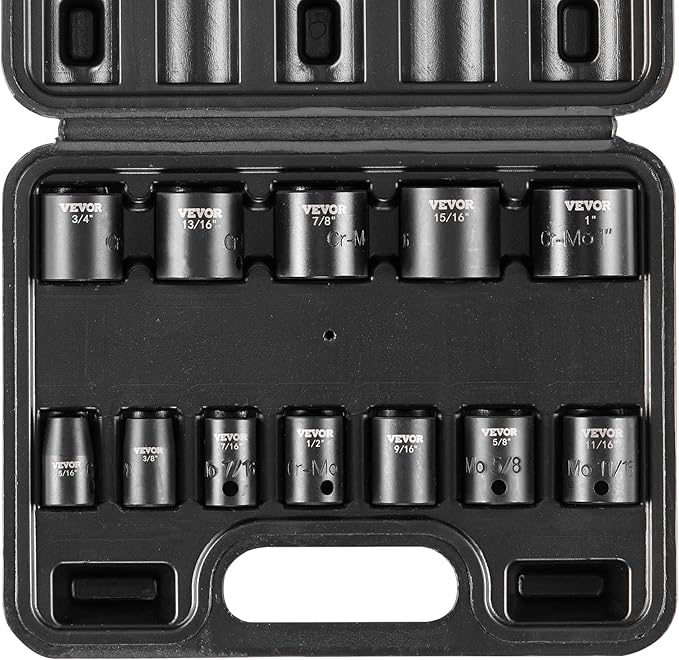 VEVOR 3/8" Drive Impact Socket Set, 12 Piece Shallow Socket Set SAE 5/16"-1", 6 Point Cr-Mo Alloy Steel for Auto Repair, Easy-to-Read Size Markings, Rugged Construction, Includes Storage Case