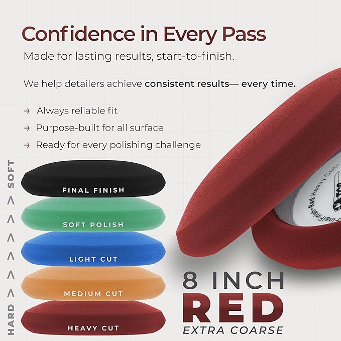 TCP Global 8" Red Foam Buffing Pad Extra Coarse Cutting Polish Hook and Loop Backing - Buffing Pad for Automotive, Marine, Truck, RV & Compound Cutting