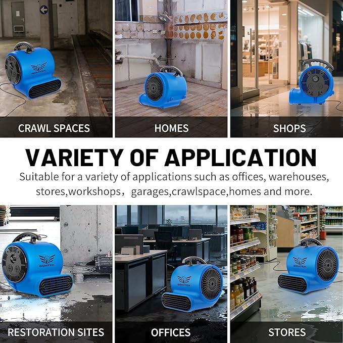Air Mover Blower Fan, Industrial 1/3HP 1200CFM Monster Floor Blower Carpet Dryers - 3 Speeds Switch, 4 Adjustable Angles, 10FT Long Cord, Stackable - 2026 Upgraded