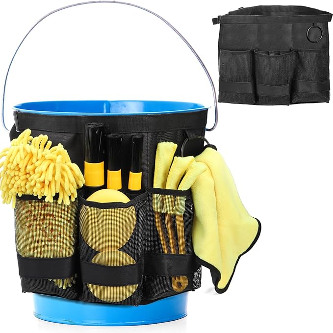 5 Gallon Bucket Tool Organizer, Adjustable Bucket Storage Bag with Mesh Compartments, Durable Black Garden Tool Caddy Swivel Seat Pouch for Ice Fishing, Car Cleaning, Hiking