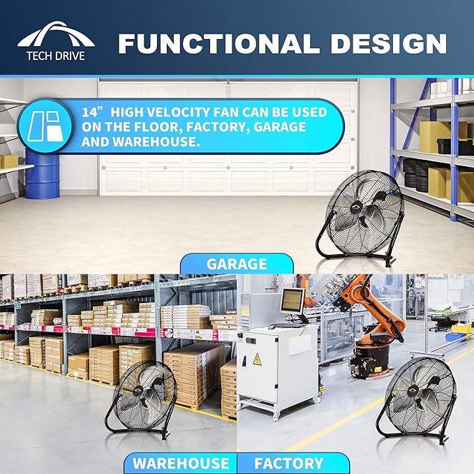 Tech Drive High Velocity Floor Fan,14 inch Heavy Duty Metal Industrial Fans,3 Powerful Speed,360° Adjustable Tilting and All Metal Construction,Black