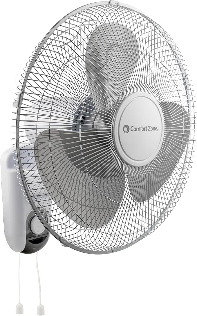 Comfort Zone 16-Inch Wall Mount Fan, Oscillating Indoor Fan with 3 Speed Settings, Adjustable 60° Tilt Head, Quiet Motor, Pull-Chain Control, Metal Grille Fan for Home, Office & Greenhouse
