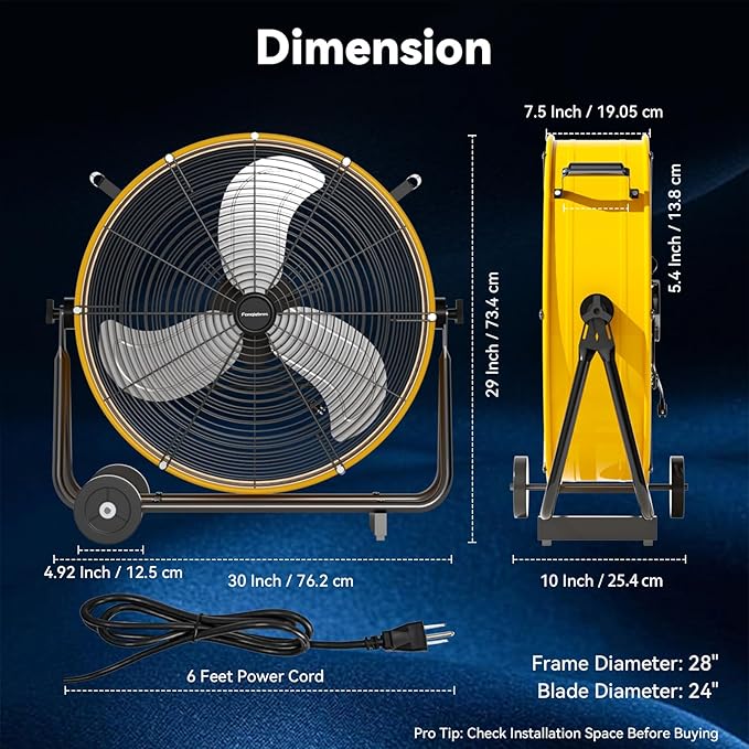 24 inch High Velocity Industrial Drum Fan, 8800 CFM Heavy Duty Metal Air Circulator, 3-Speed Floor Fan with 360° Tilt & Wheels for Warehouse, Workshop, Factory & Gym – UL Listed