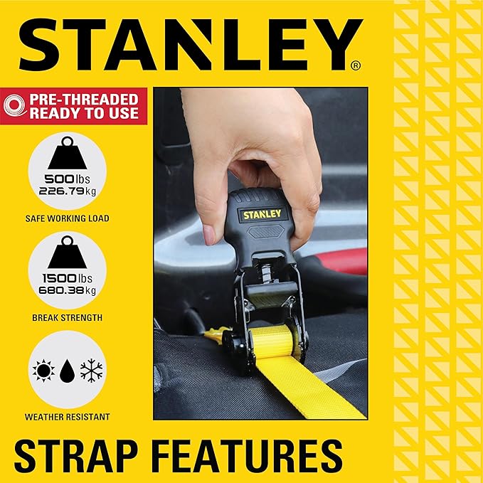 STANLEY S10002-12 Black/Yellow 1" X 12' Ratchet Straps - 500 LBS Safe Working Load / 1,500 LBS Break Strength, 2 Pack