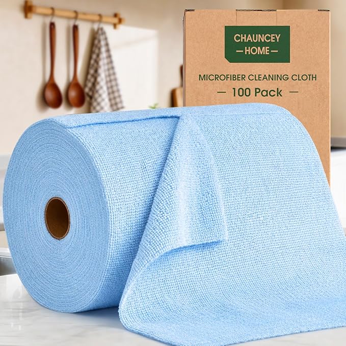 Microfiber Cleaning Cloth Roll - 100 Pack Tear Away Microfiber Paper Towels, Reusable, Washable, Scratch-Free, Kitchen Towels for Car, Home, Kitchen, Glass, Dishes (Blue)
