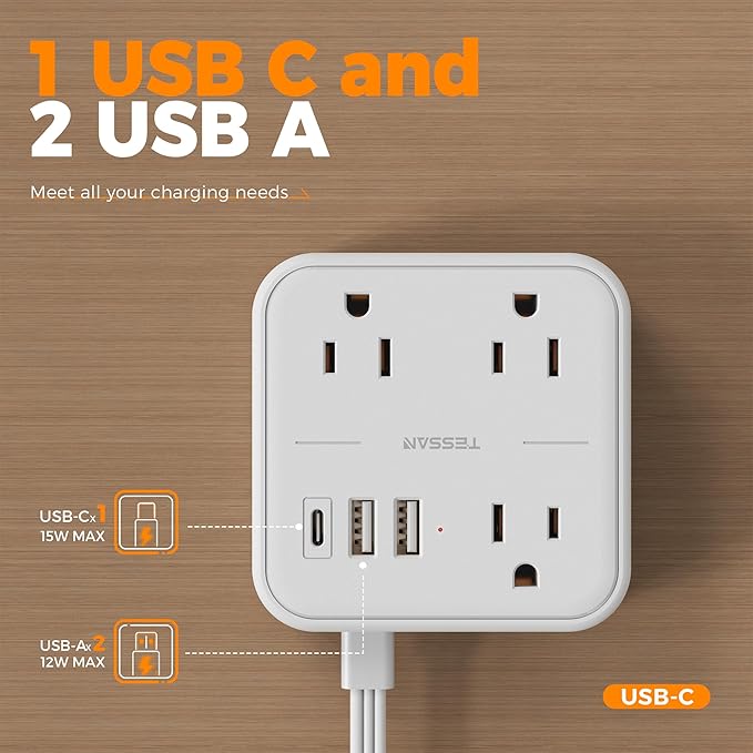 TESSAN Ultra Thin Flat Extension Cord 5 FT, Slim Power Strip with USB Ports (1 USB C), Surge Protector Flat Plug Wall Charger with 3 Outlets for Office, School, Dorm Room Essentials, White