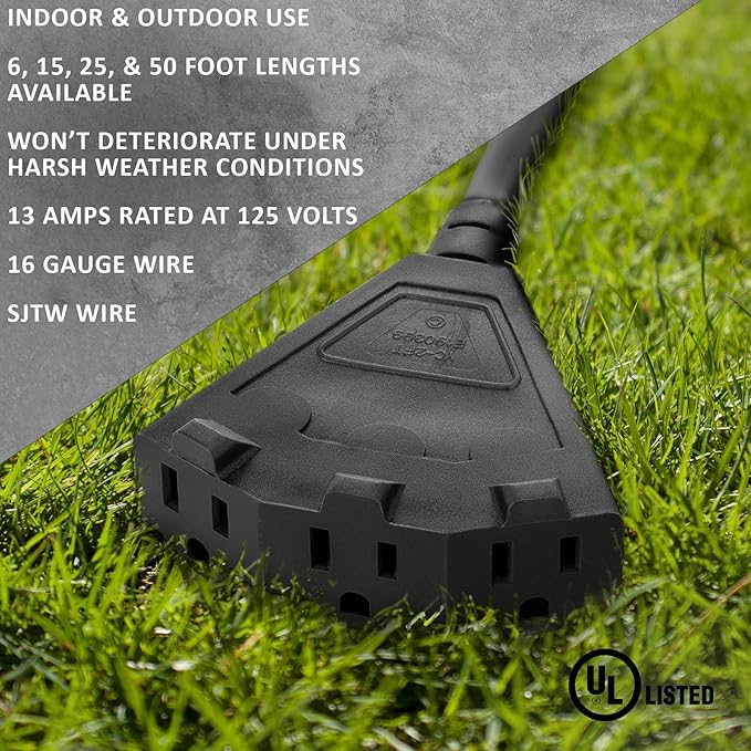 Holiday Lighting Outlet 15-Foot Black Extension Cord, 3-Prong Indoor & Outdoor Splitter, Perfect for Landscape Lighting