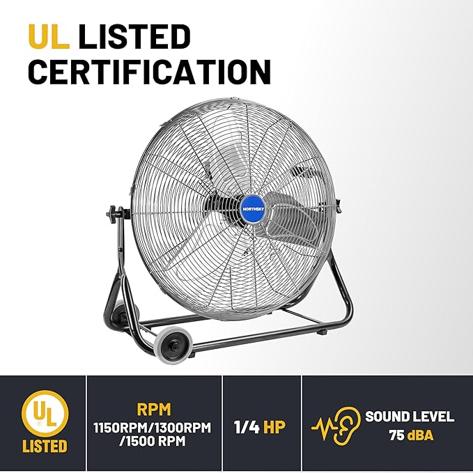 NORTHSKY 24" Floor Fan, 4950 CFM Industrial Fan, 3 Speeds, Durable Steel Safety Grille, 1/4 HP, 360° Head Hit, for Manufacture, Construction, Warehousing with UL-Certified Safety Compliance