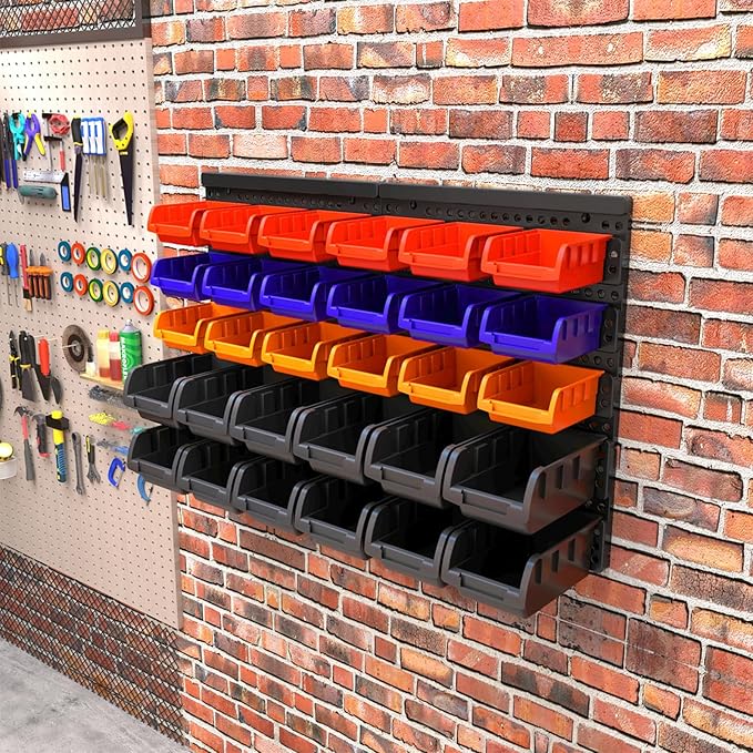 MULSAME Wall Mounted Storage Bins Parts Rack 4 Colors Bin Organizer Garage Plastic Shop Tool, Garage Organizers and Storage (Style-Classic) 25.2"*16.2"