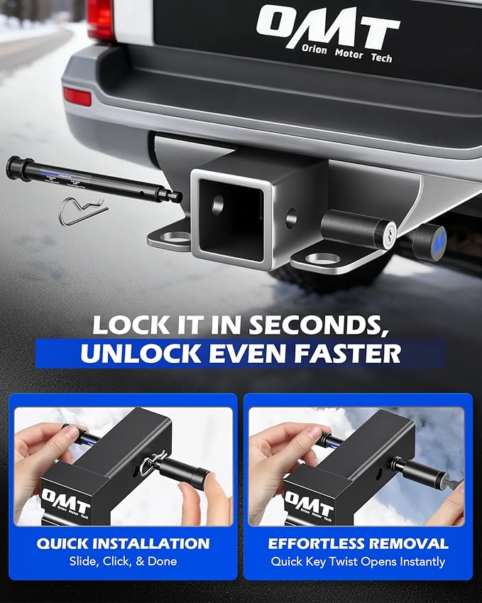 Orion Motor Tech Locking Hitch Pin, Fits 2" 2.5" 3" Receiver with 5/8" Diameter Hitch Lock, Anti-Theft Steel Hitch Pin Lock with Key for Class V IV III, Anti-Rattle Trailer Hitch Pin with O-Rings