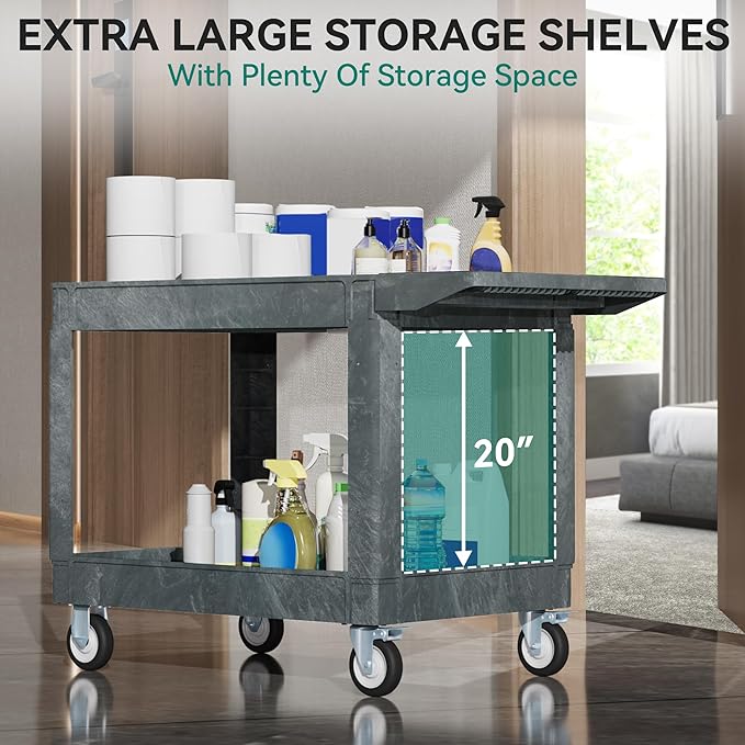 YITAHOME 550 LBS Heavy Duty Utility Cart on Wheels, 2 Shelves Service Cart, Plastic Rolling Tool Carts with Wheels, Gray Maintenance Push Carts for Garage, Home, Restaurant, Jobsite, Office, 45 x 25