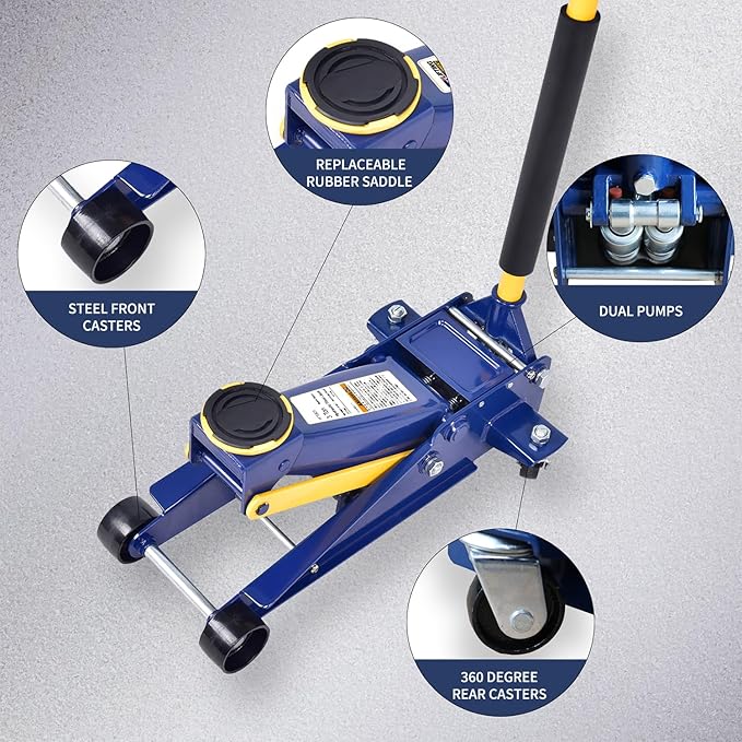 A A IN 3 Ton Heavy-Duty Floor Jack, Steel Hydraulic Jack with Double Pumps for Quick Lifting, Rotating Rear Casters, Blue