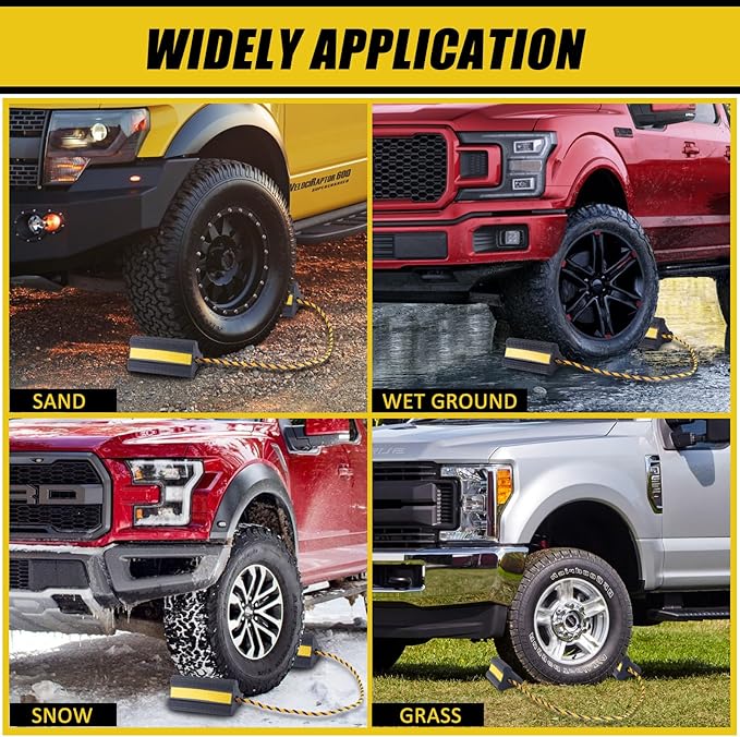 Heavy Duty Wheel Chocks - Wheel Stoppers for Trailer Travel Trailers RV Aircraft Car Camper Truck, Non Slip Rubber Wheel Block with Nylon Rope Yellow Reflective Tape(2 Pair)