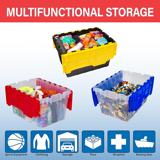 Akro-Mils KeepBox 12 Gallon Storage Container, Nesting and Stackable Plastic Storage Box with Lid Attached, Clear Tote for Garages, Closets, and Moving, 21-1/2" x 15" x 12-1/2", Clear/Red, 6-Pack