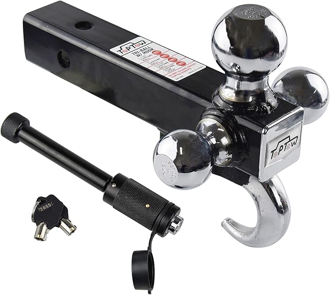 TOPTOW 64180HL Trailer Hitch Tri-Ball Hitch with Hook, Fits 2-inch Hitch Receiver, Chrome, 5/8 inch Hitch Lock Included