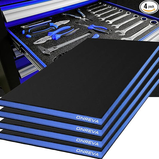 ONREVA Tool Box Foam 16x12x1 inch 4Pack, Foam Inserts for Cases, Polyethylene Storage Sheets for Toolbox Hard Case, Tool Shadow Insert, Kaizen Organizer Sheet, Black with Blue