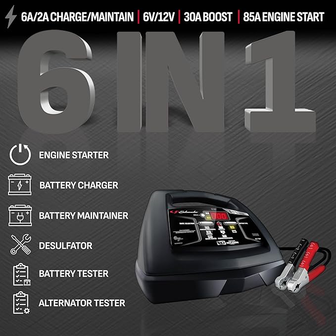 Schumacher Electric 6A Car Battery Charger and 85A Engine Starter, 6-in-1 Solution, Maintainer, 30A Boost, for 6V/12V Power Sport, Automotive, and Marine Batteries, SC1307