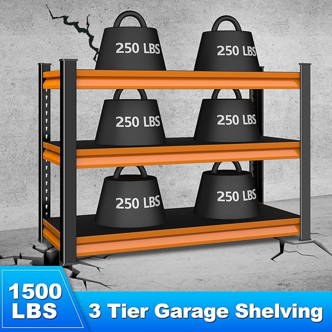 40" W Garage Shelving Heavy Duty,1500LBS Loads Adjustable Garage Storage Shelves,3-Tier Metal Storage Racks and Shelving Units,Utility Rack Shelves,40" W x 18" D x 36" H,Orange