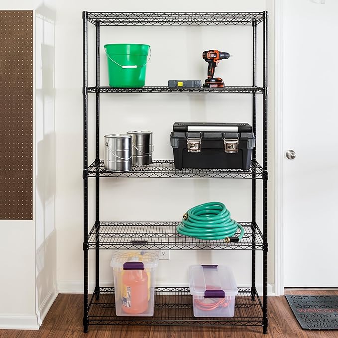 Honey-Can-Do 5-Tier Heavy-Duty Adjustable Shelves, Metal Storage Rack with 800-lb Shelf Capacity, Black, 18" W x 42" L x 72" H