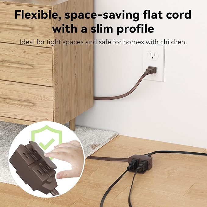 BN-LINK 6ft Indoor Extension Cord, 2 Pack, 3-Outlet Polarized Flat Cable, Household Power Cord for Home, Office, and Holiday Decorations, Brown