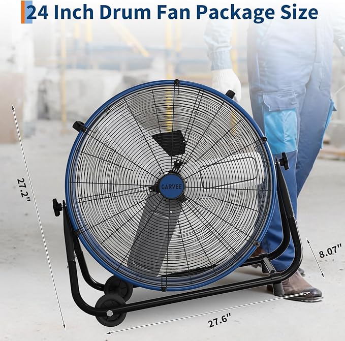 24 in Industrial Floor Fan, Heavy Duty Industrial Floor Fan with Adjustable 3 Speed 4800-8800 CFM Cooling, for Industrial Commercial Space Garage, Metal Blades/360° Rotation, Blue