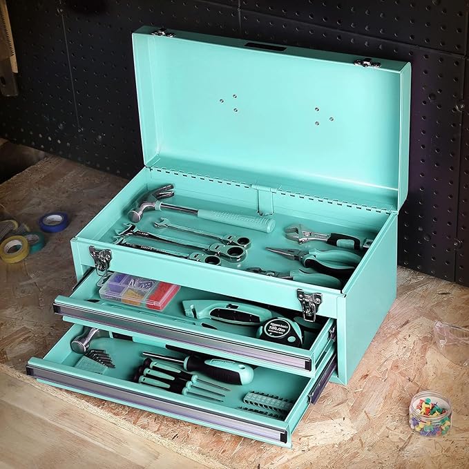 Amazon Basics Steel Tool Box Storage and Organization Drawers, Tool Storage with Powder Coat Finish, 18.11 x 8.66 x 9.45 in, Turquoise