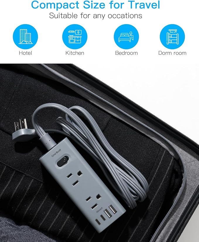 3Ft Extension Cord with Multiple Outlets, Flat Plug Power Strip Surge Protector with 1 Ft Cord, 6 Outlet 3 USB Ports (1 USB C), Multi Outlet Wall Plug for Travel, Dorm Room Essentials-Grey
