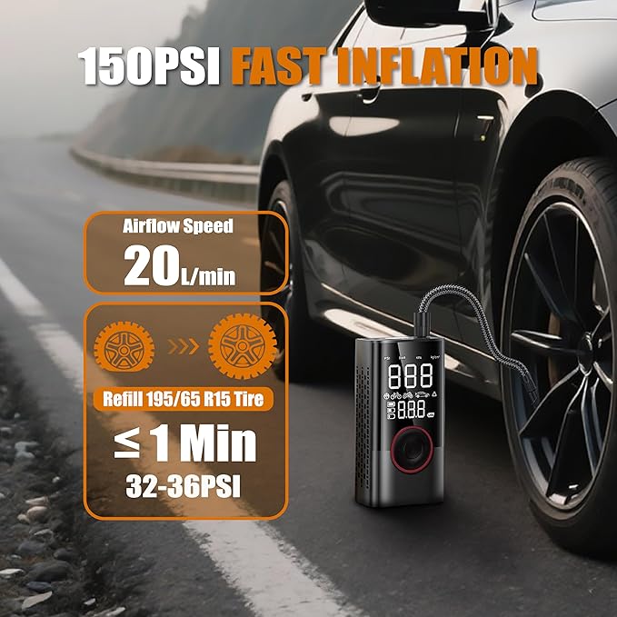 Tire Inflator, Cordless Tire Air Compressor with LED & 150PSI Digital Pressure Gauge, Portable Inflator for Car, Motorcycle, Bike & Sports Equipment, Black