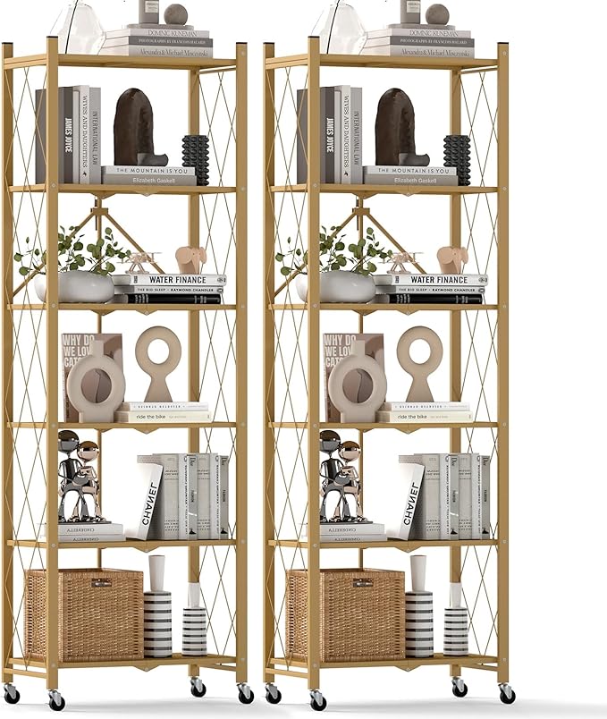 DEANIC 6-Shelf Folding Bookcase with Wheels, Heavy Duty Storage Shelves, Freestanding Metal Wire Shelving Unit for Living Room, Office, Kitchen, Basement, Pantry (Gold 2 Pack)