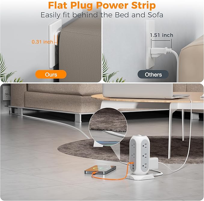 TESSAN Tower Power Strip Flat Plug with 11 Outlets 3 USB (1 USB C), Surge Protector Tower 1625W/13A,1050J Protection, 10 Feet Extension Cord with Multiple Outlets, Dorm, Office Desk Supplies, Grey