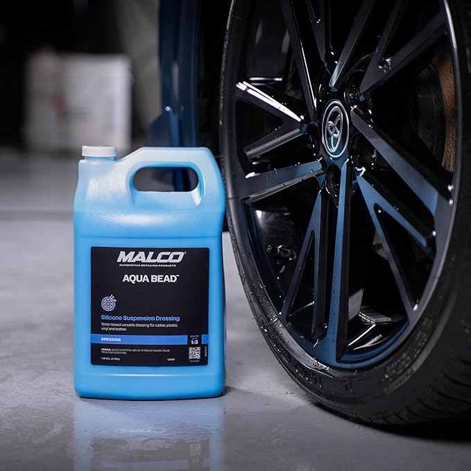 Malco Aqua Bead Water Based Dressing - Non-Greasy Interior and Exterior Dressing/Shines Car Tires, Rubber, Plastic and Trim/Concentrated Formula, Dilutable for Variable Gloss / 1 Gallon (129601)