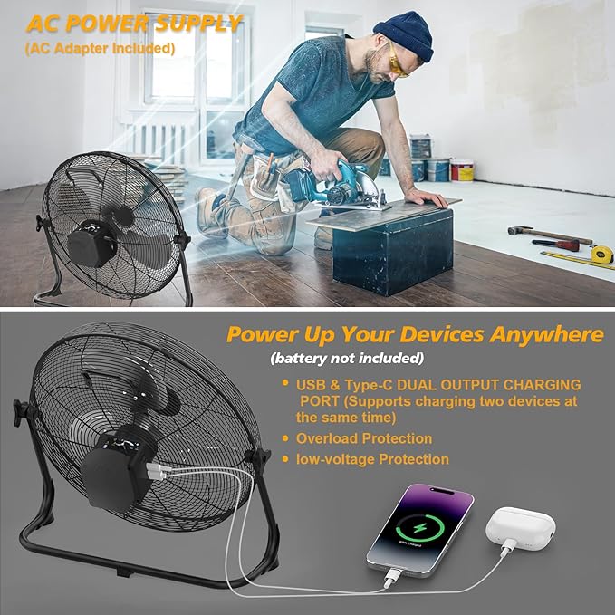 12" Battery Operated Floor Fan Compatible with Dewalt 20V Max Battery, Portable Cordless Fan with AC Adapter, USB and Type C Output, Variable Speed Fans for Jobsite Garage Camping (No Battery)