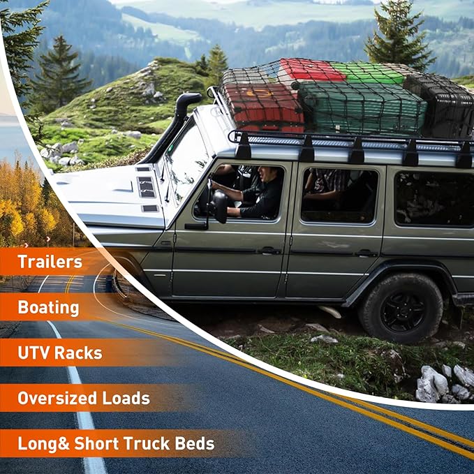 Suu66 Heavy Duty Cargo Net for Pickup Truck Bed - 4' x 6' Stretches to 12' x 18' - Sturdy Latex Bungee Net Mesh - with 12 Metal Carabiners - Truck Bed Accessories for Dodge RAM, Ford, Chevy, Toyota