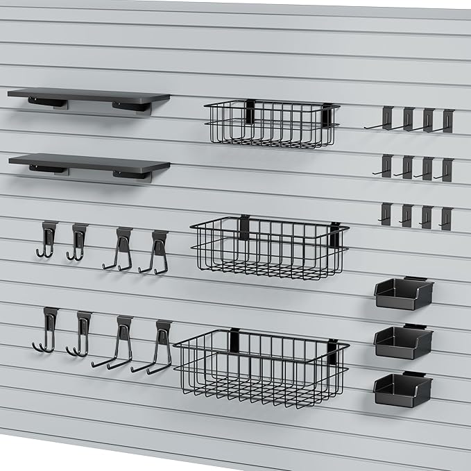 35Pcs Slatwall Accessories Kit, with Slatwall Hooks, Baskets, Shelves, Bins, Heavy Duty Slat Wall Accessory for Garage Organization, Workshop & Utility Room