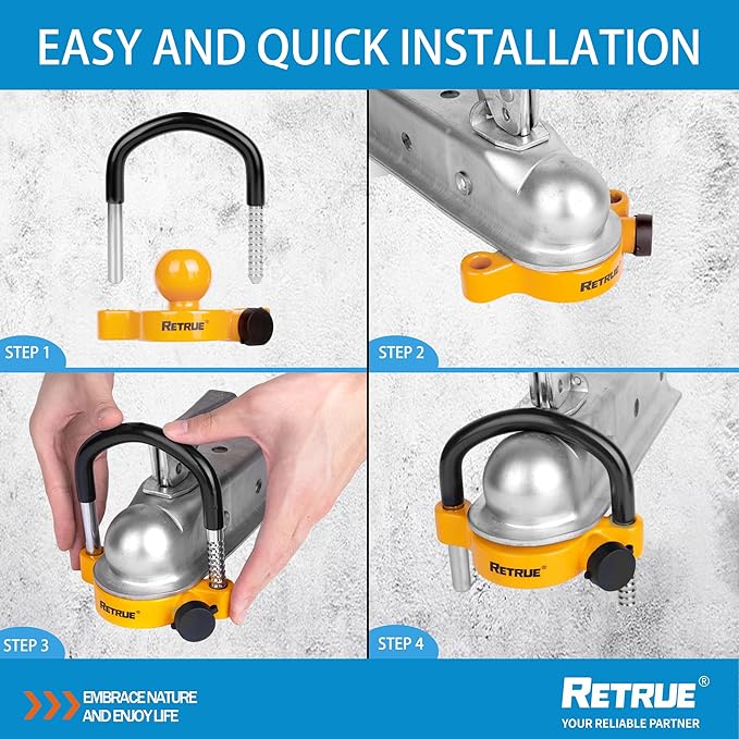 RETRUE Universal Trailer Ball Lock Hitch Coupler Locks Fits 1-7/8 Inch, 2 Inch, 2-5/16 Inch Couplers Adjustable Security with Weatherproof Cover and Cap, Yellow