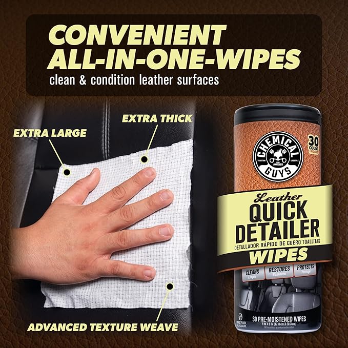 Chemical Guys Leather Cleaning Quick Detailer Wipes (Works on Natural, Synthetic, Pleather, Faux Leather and More) On The Go Car Care Accessory (30 Ct)