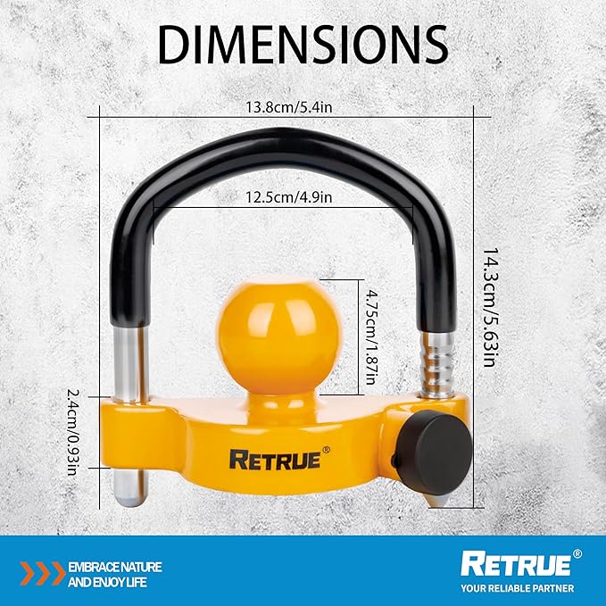 RETRUE Universal Trailer Ball Lock Hitch Coupler Locks Fits 1-7/8 Inch, 2 Inch, 2-5/16 Inch Couplers Adjustable Security with Weatherproof Cover and Cap, Yellow