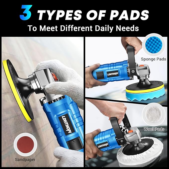 Buffer Polisher Kit for Car - 6/7 Inch Rotary 1800w Polisher Buffer Waxer,7 Variable Speed 1000-3500rpm,Detachable Handle Buffing Machine for Car, Boat Sanding, Polishing Waxing, Blue