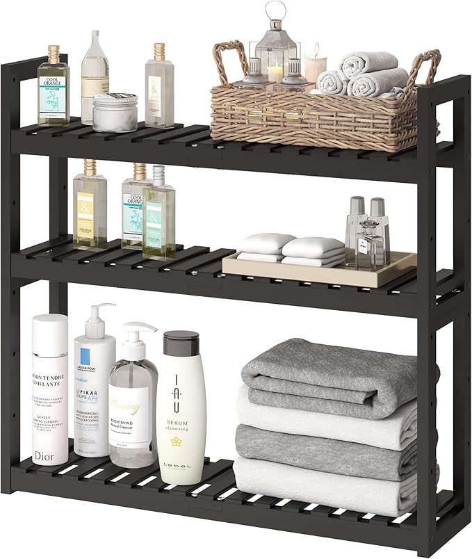 FILWH Bathroom Shelf Bamboo Organizer Rack Adjustable 3-Tier Storage Shelf Wall Mounted Storage Rack Over The Toilet Utility Shelves Living Room Kitchen Shelf(Black)