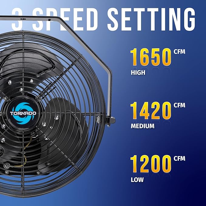 Tornado 12 Inch Outdoor Water-Resistant Metal Industrial Wall Mounted Fan IPX4 Rated High Velocity Wall Fan For Commercial, Industrial, Residential, 3 Speed 6.6 FT Cord cETL Safety Listed, Black
