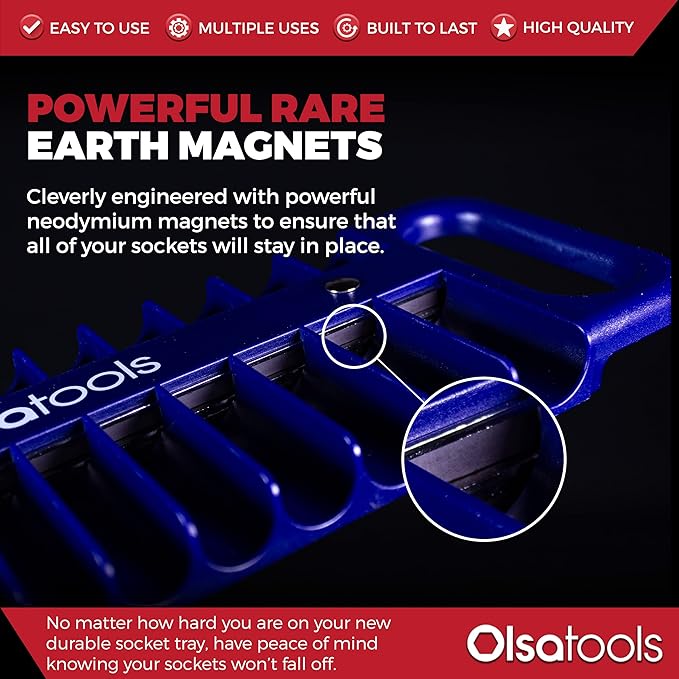 Olsa Tools Magnetic Portable Socket Organizer Tray - 1/4-Inch Drive Blue Holder for Deep & Shallow Sockets - Professional Tool Holder and Organizer - Holds up to 5/8" SAE or 14mm Metric - Part: 1078