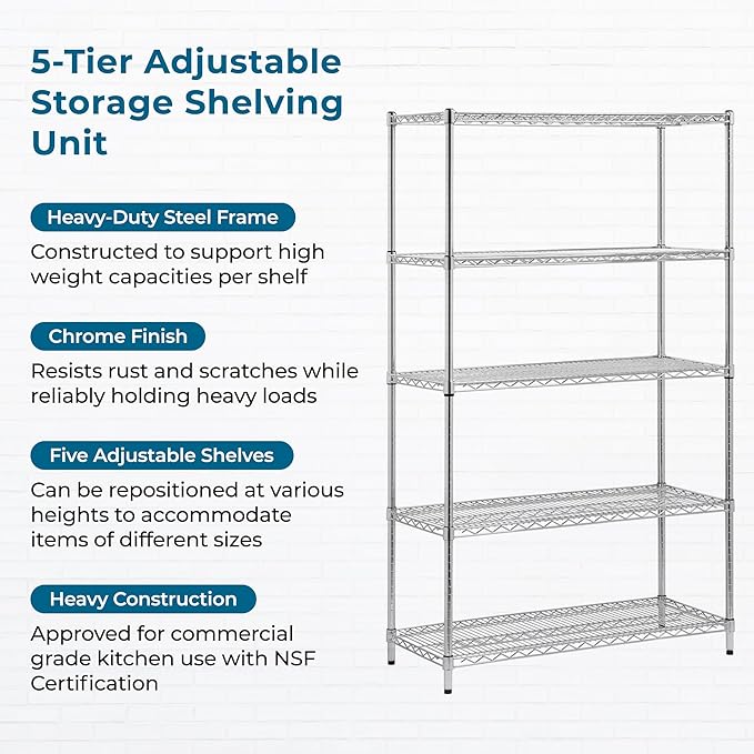 Honey-Can-Do 5-Tier Heavy-Duty Adjustable Shelves, Metal Storage Rack with 800-lb Shelf Capacity, Chrome, 18" W x 42" L x 72" H