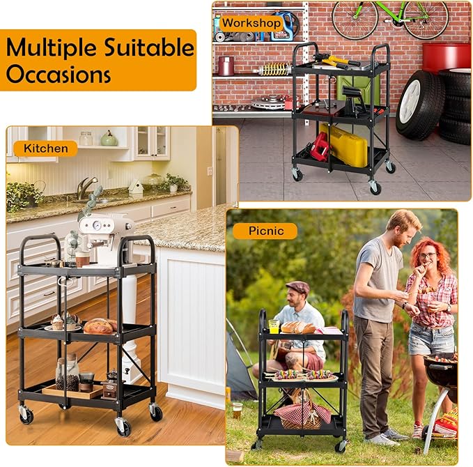 Nightcore Folding Utility Cart, 3-Tier Food Service Cart w/Lockable Wheels, 330LBS Capacity, Heavy-Duty Metal Frame Collapsible Utility Cart, Rolling Tool Cart for Home Garage