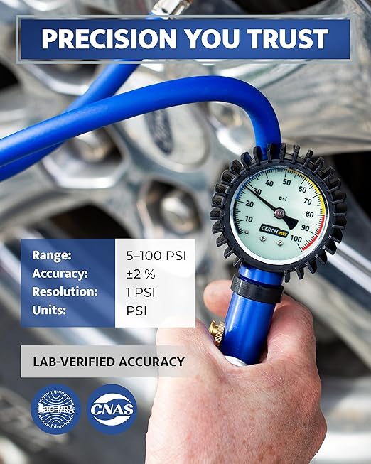 GERCHWAY Tire Inflator with Pressure Gauge and Longer Hose - Most Accurate, Heavy Duty Air Chuck with Gauge for Air Compressor Tire Inflator Attachment - 100PSI