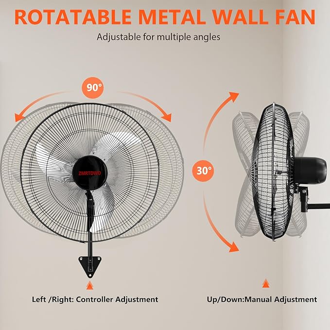 20 Inch Oscillating Wall Mount Fan, 3 Speed High Velocity Powerful, 90° Oscillation & 30° Tilt Cooling, Wall Fan for Home, Offices, Greenhouse, Workshop, Patio, Outdoor, Indoor ETL Certified