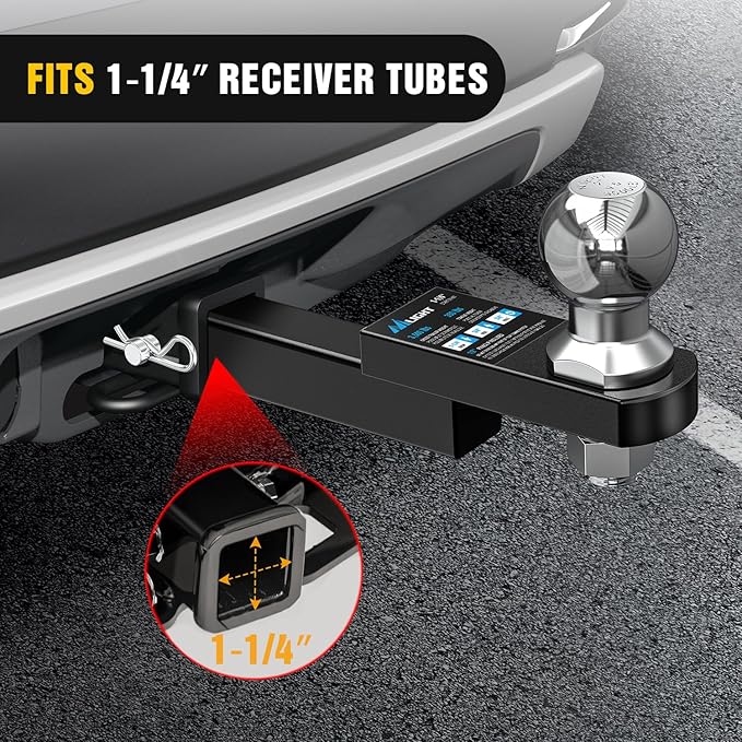 Nilight Trailer Hitch Mount with 2 Inch Trailer Ball & 1/2" Hitch Pin Clip Fits 1-1/4" Receiver Tubes 3500 lbs 1-1/4" Drop 3/4" Rise, 2 Years Warranty