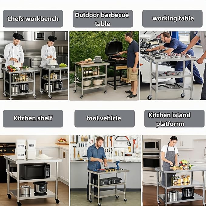 Stainless Steel Table with Wheels for Food Preparation and Work, Multi-Size Optional, Three-Layer Variable Two-Layer Metal Commercial Workbench Outdoor, Restaurant, Kitchen (51" Lx32 Wx34 H)