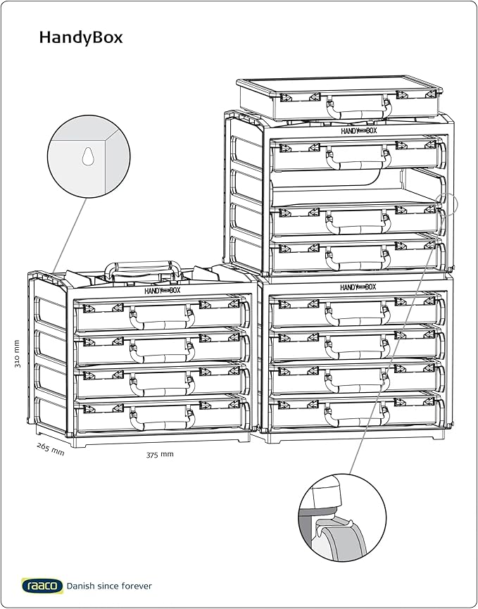 Raaco HandyBox Toolbox Storage & Carrying System – 4 Adjustable Grid Assorters, Durable Polypropylene (PP) Plastic Organizer for Hardware and Small Parts